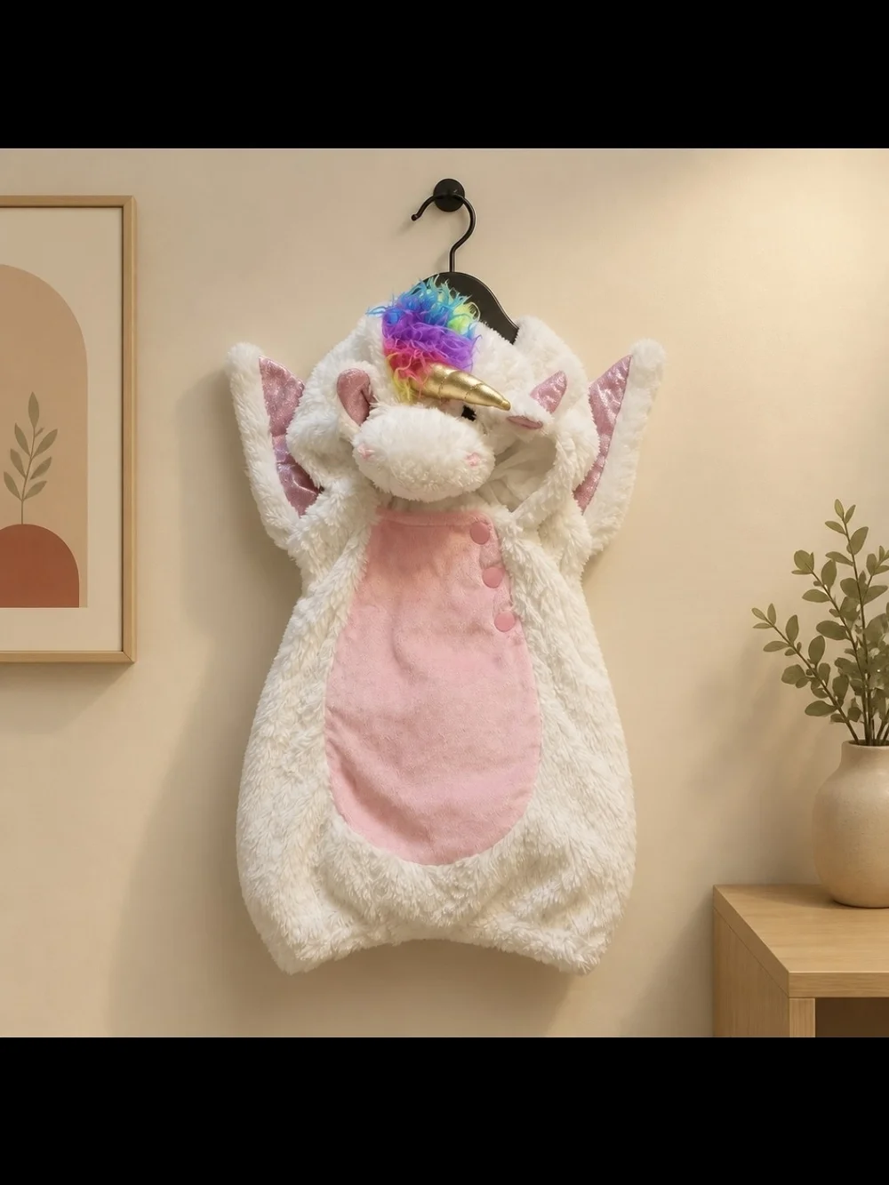 Adorable plush unicorn costume with a soft hood, gold horn, rainbow mane, sparkl